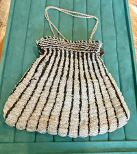 Antique 1920s Clear Glass Beaded Victorian Reticule Black Drawstring Chain Purse