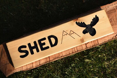 Handcrafted Routed Wooden Shed Sign Mountain & Moose Head
