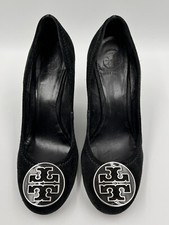 TORY BURCH Women's 10M Sophie Wedge Black Suede High Heel Silver Logo *FLAW*