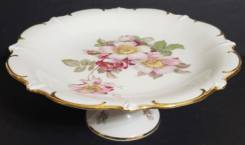 Schumann Arzberg Cake Plate On Pedestal Hand Painted "Wild Rose"