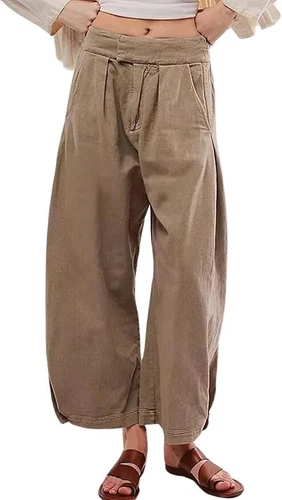 Women's Baggy Pants Wide Leg Casual Cotton Ankle Jeans Mid Rise Harem Pants - Picture 9 of 34