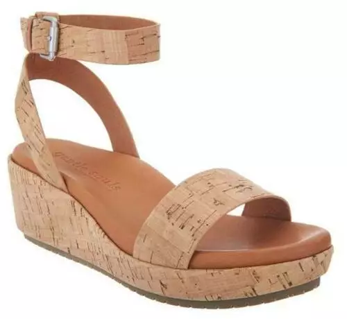 Gentle Souls Leather Ankle Strap Wedges Morrie Cork 5.5M US