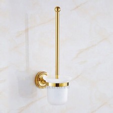 Gold Finish Toilet Bowl Brush Holder Wall Mount Solid Brass Frosted Glass Cup