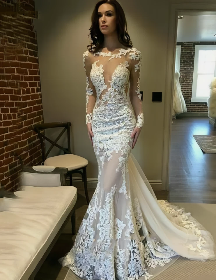 Mermaid Wedding Dresses Sexy Backless Long Sleeves Illusion Lace Bridal Gowns - Image 2 of 4