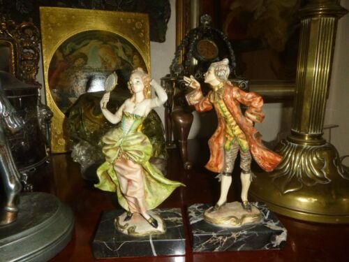 VINTAGE ITALIAN DEPOSE 77 & 78 RESIN GENT+LADY FIGURINES on CARRARA MARBLE BASES - Picture 1 of 18