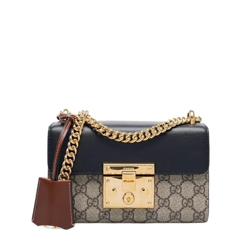 Petit sac à bandoulière femme Gucci noir et beige PVC GG Supreme Pedlock chaîne dorée