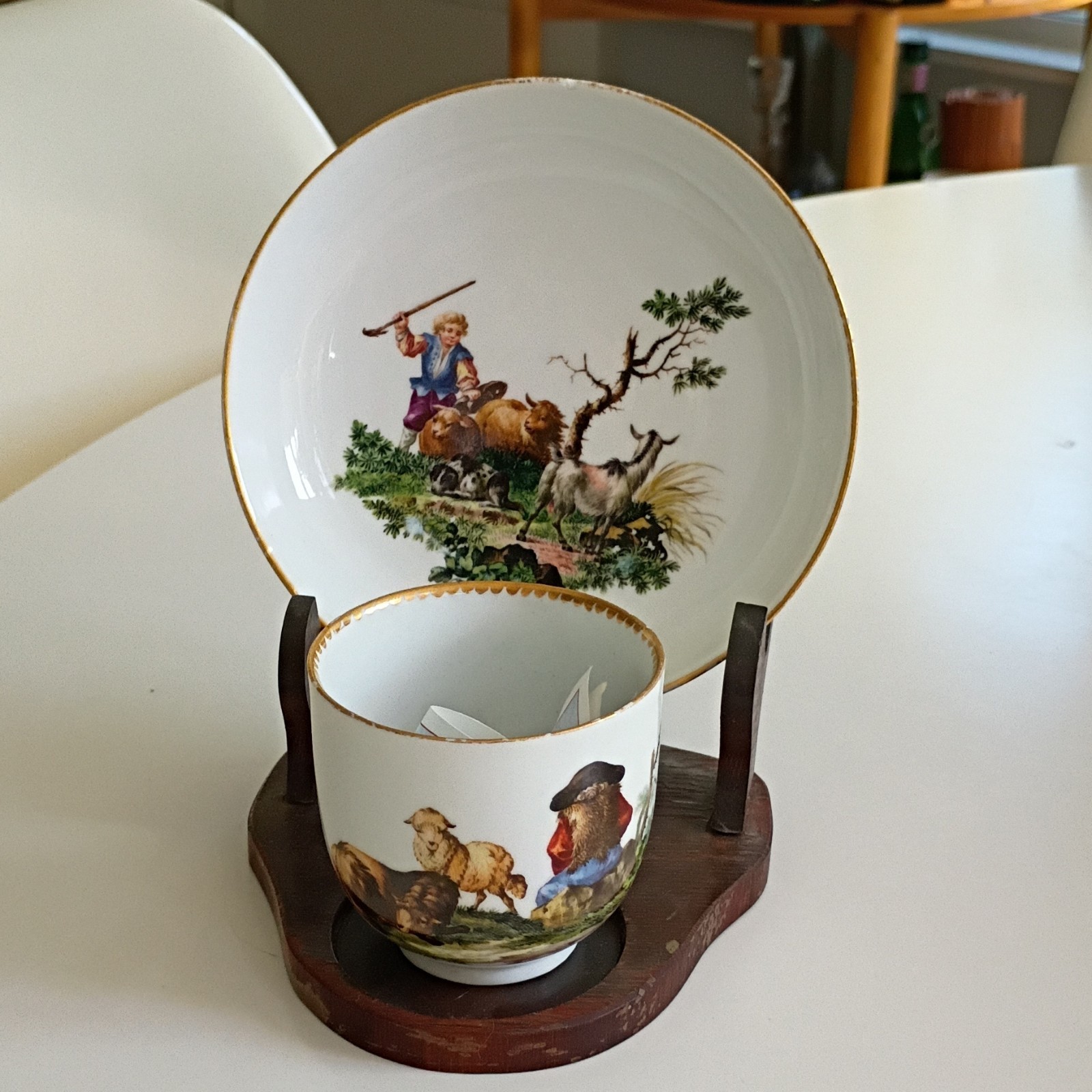 Meissen Porcelain Cup & Saucer, Painted Pastoral Scene, Decorated, With Handle