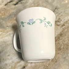 CorningWare White Mug Blue Green Purple Floral Heart Pattern Impressed Backstamp