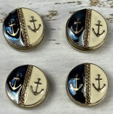 4 Vintage Enameled Nautical Button Covers Set Anchor Blue White Gold Tones