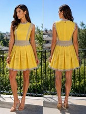 Tommy Hilfiger Yellow/Gray Striped Fit & Flare Short Dress Lace Pleated XS