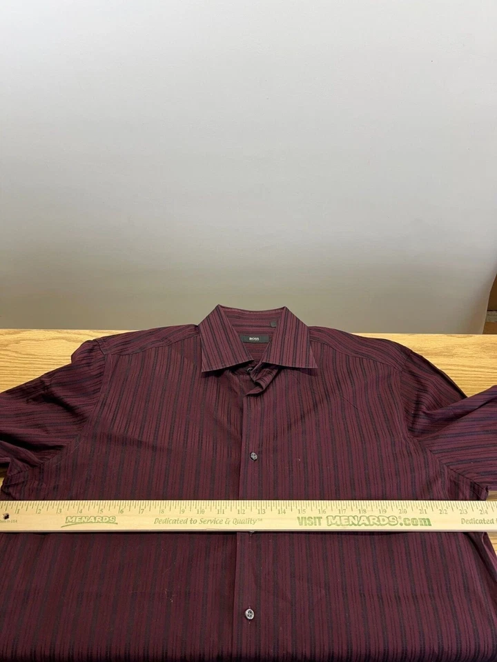 HUGO BOSS Button Up Dress Shirt Men's Size 16.5(34/35) Maroon Stripe Collar Neck - Image 3 of 4