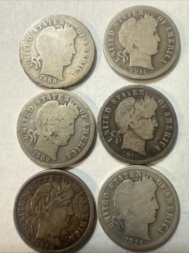 Lot of (6) U.S. Silver Barber Dimes - Circulated Dates Vary.mints Vary See Pics