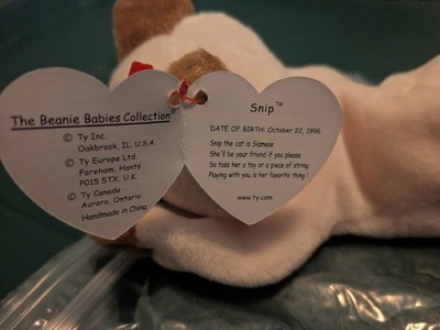 Ty Beanie Babies Snip Siamese Cat Plush Beanbag, 1996 Vintage