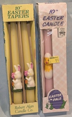 Vintage Easter Candles 10'' Bunny & Spring Chick Tapered, Yellow, Purple Packaged
