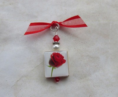 Enchanted Red Rose Pendant Charm Altered Art Valentine's Day Gift Forever Flower
