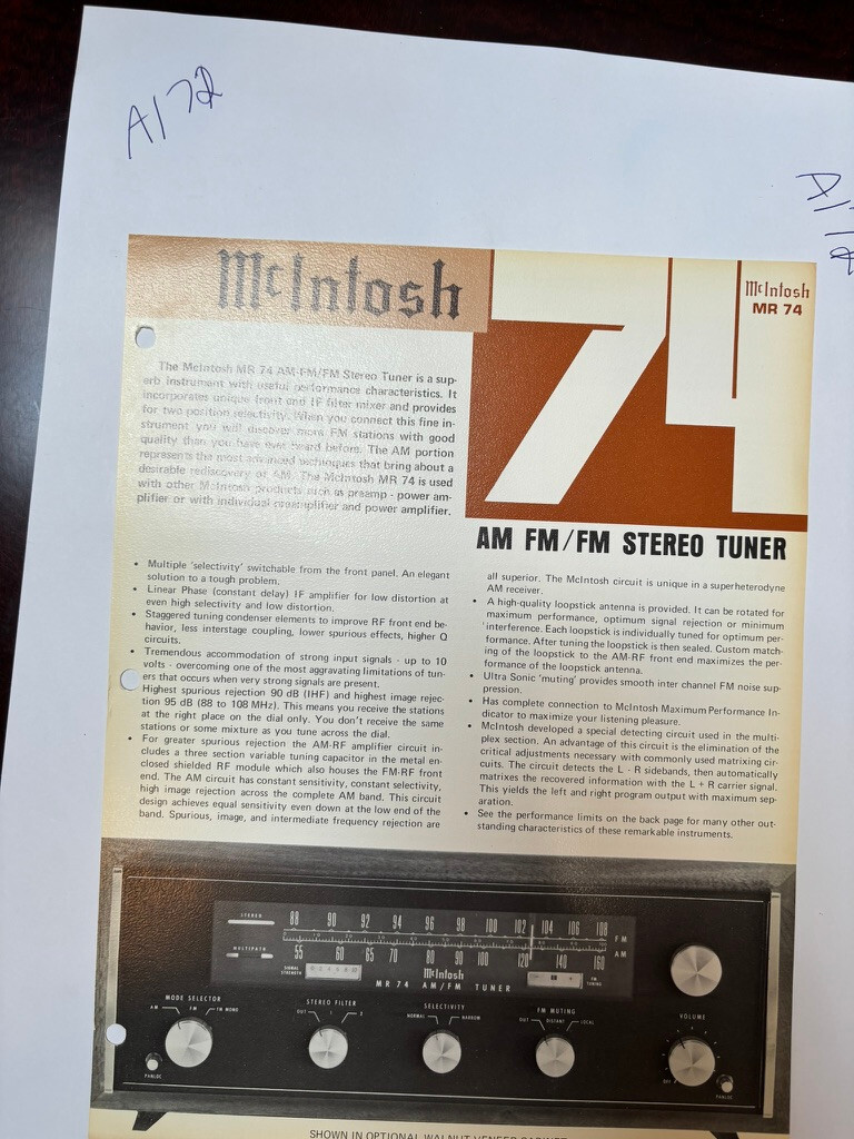 Vintage McIntosh MR74 MR-74 Spec Sheet Sales Brochure Catalog Ad *ORIGINAL*