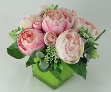 Artificial/silk flower arrangement in coloured Glass Vase Home Decor Mothers Day