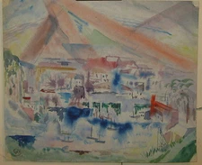 Vintage LEIGHTON CRAM 'Cubist Dissection Abstract' CITYSCAPE Painting -SUN RAYS