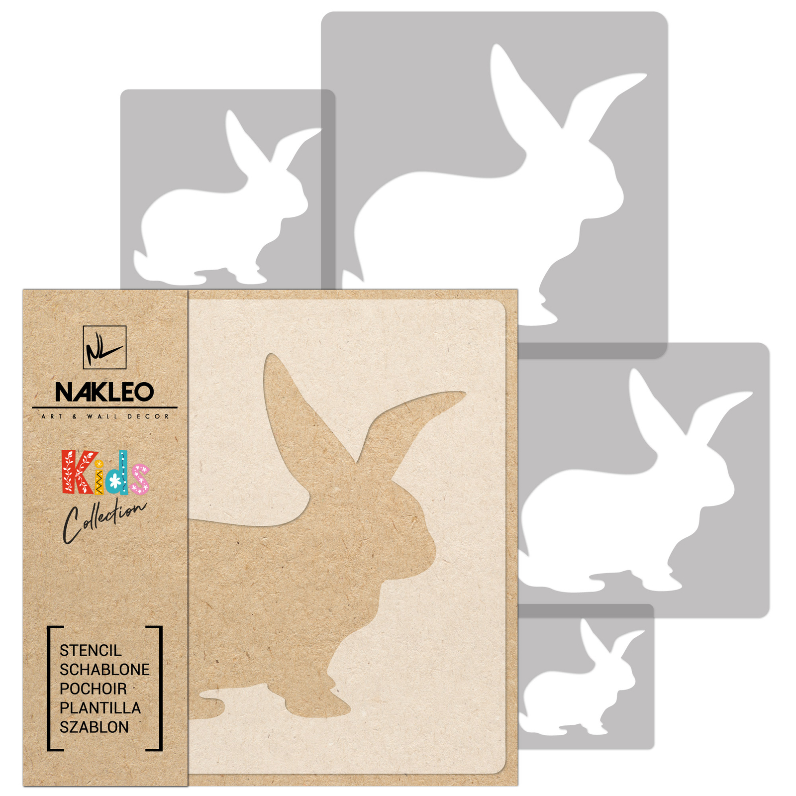5x reusable PLASTIC Stencils // 34x34 to 9x9cm // Nursery KIDS Template // BUNNY