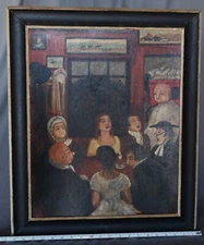 Original Folk Art oil canvas painting signed Gloria Laposka framed dining satire