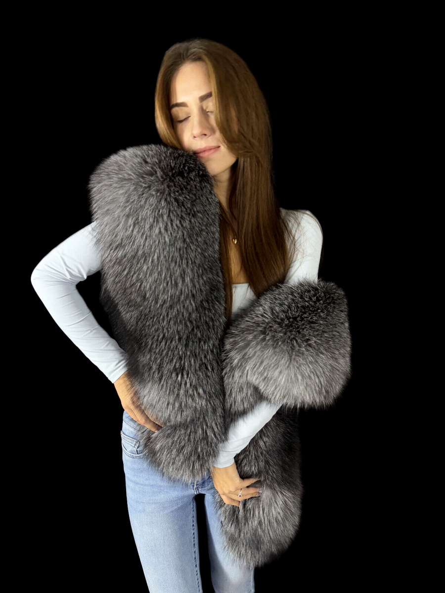 Huge Frost Fox Fur Stole Saga Furs Big Scarf Silver Color Fur Wrap