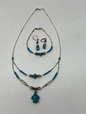 Set Of 3 Silver And Turquoise Beaded Necklace Bracelet  Pierced Earrings