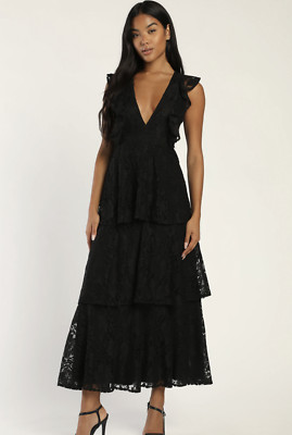 NWT Lulus Molinetto Black Lace Ruffled Tiered Sleeveless Maxi Dress