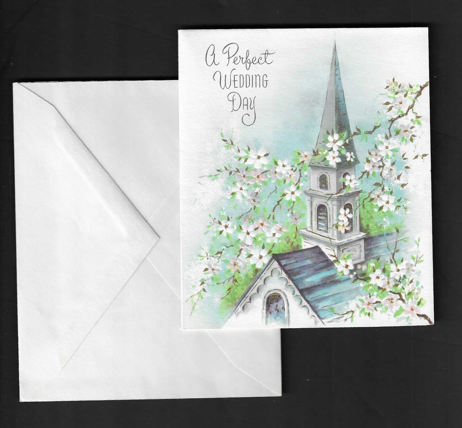 unused vtg 1940s embossed Greeting A Perfect WEDDING DAY Card Flower Wood Church
