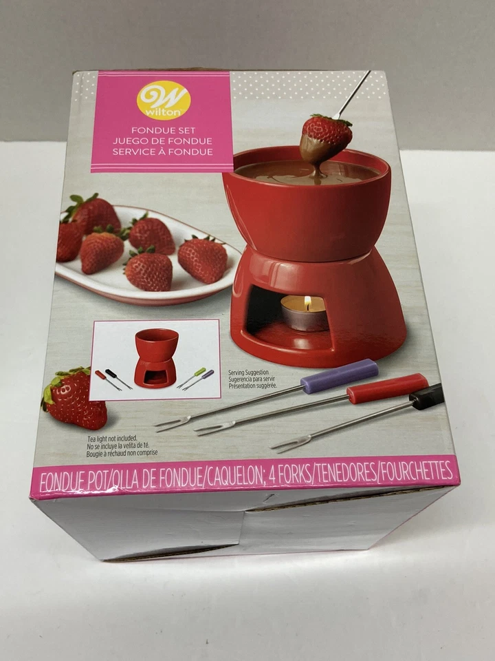 Wilton Fondue Set Forks Chocolate Dessert Snack Red Ceramic New Gift Party NEW - Image 4 of 4