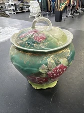 Antique RW Bavaria Porcelain Biscuit Jar, Pink  Roses-Gold Trim - Ex Cond. (J5)
