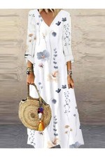 Womens Lace V Neck Watercolor Floral Silky A-Line Long Sleeves Maxi Dress M NWT