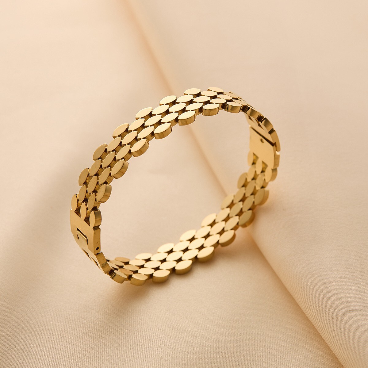 10mm Wide Woman 18K Gold Plated Stainless Steel Beehive Bracelet