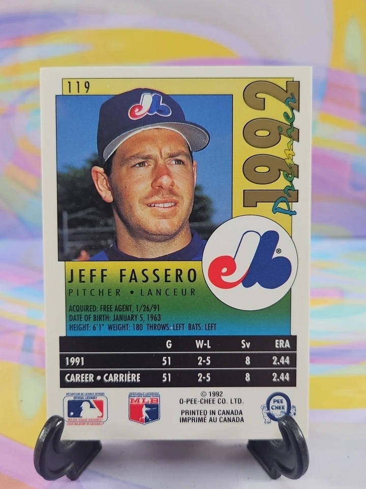 1992 O-Pee-Chee Premier Baseball | jeff Fassero Expos #119 - Image 2 of 2
