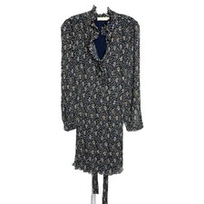 Tory Burch Women's Sz 2 Midi Shift Dress Livia Navy Iris Garden Pleated Tie