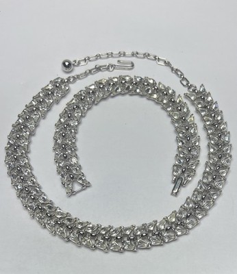 Vintage Crown, Trifari Clear Rhinestone Necklace Bracelet Set