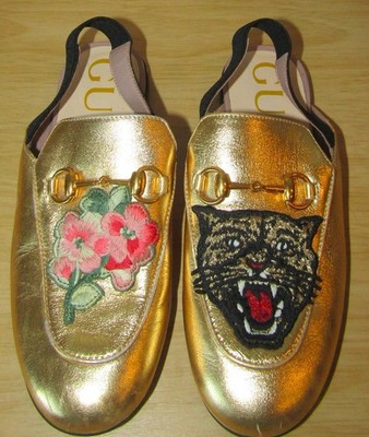 EUC Gucci Girls Princeton Horsebit Metallic Gold Tiger Rose Mules Slingback SZ 1