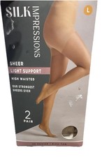 Silk Impressions Sheer Lt Support Pantyhose 2 Pk Sz Large Rich Tan 20 Denier New
