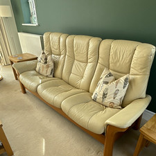 Ekornes Buckingham 3 Seater Cream Leather Sofa Teak Wood Frame 200cm