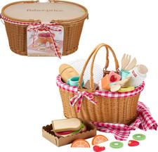 Wood Pretend Play Toy Picnic Basket, 31-Piece Wooden Food Playset for Preschool