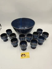 13 PC Jugtown Ware Pottery Punch Bowl and Cups Blue