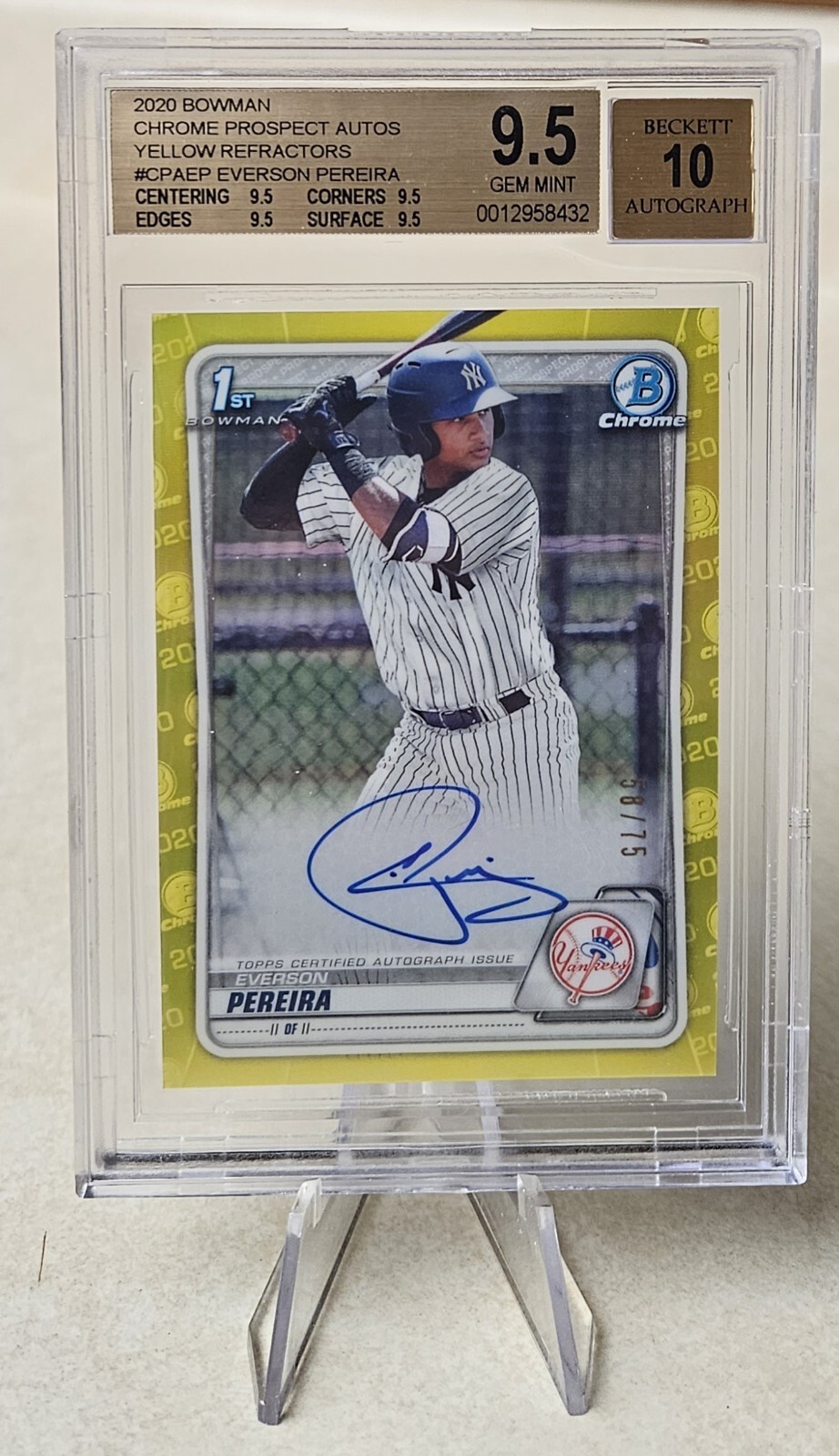 2020 Bowman Chrome Everson Pereira Yellow Refractor Auto #58/75 BGS 9.5 YANKEES