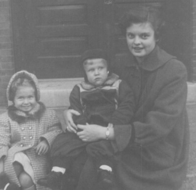 1950s Kids Boy Girl  Woman Child Lap Step Building Family Portrait