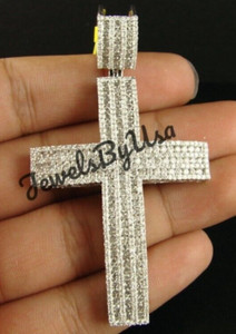 Authentic 3ct Men's Round Moissanite 3 Row Cross Charm Pendant White Gold Plated Silver