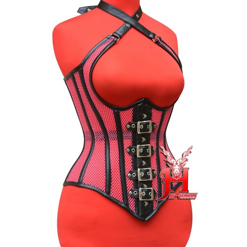Heavy Duty Steel Boned Under Bust Waist Trainer Black and Pink Mesh Corset Hi-60 - Picture 2 of 13