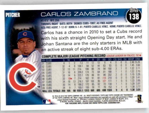 Topps 2010 cromo plata refractor Carlos Zambrano prisma paralelo lámina cubos #138 - Imagen 2 de 2