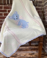 Hand Made Knit Crochet By Grandma Teddy Bear Baby Afghan Crib Blanket 40" x 40  