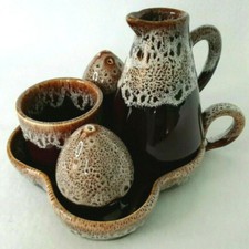 WESSEX Keramik FLIEGENHOCKER Design KRUZIFIX SET 5-TEILIG Waben Glasur Braun Ware
