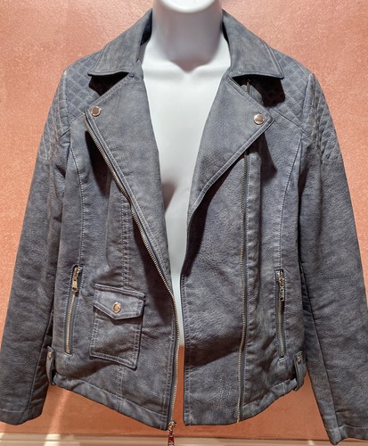 Tommy Hilfiger Women's Blue/Gray Faux Leather Motorcycle Jacket Medium - Picture 6 of 7