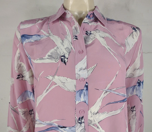 NWT Ann Taylor pink bird print 100% Silk button front shirt blouse ladies Small - Picture 2 of 9