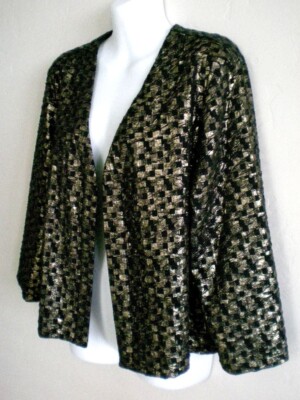 Chico's Travelers Collection 2 Glenda Jacket Black Gold Texture Open Front NEW